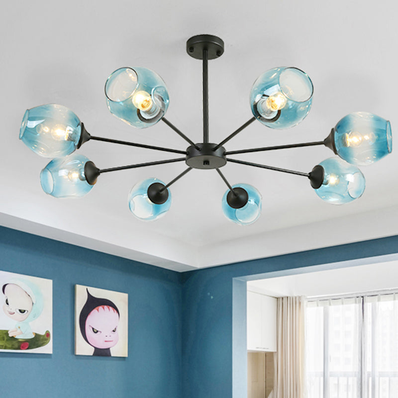 Modernist 3/6/8 Lights Hanging Chandelier Black/Chrome Sputnik Suspension Pendant with Blue/Amber Glass Shade 8 Blue-Black Clearhalo 'Ceiling Lights' 'Chandeliers' 'Close To Ceiling Lights' 'Glass shade' 'Glass' 'Modern Chandeliers' 'Modern' Lighting' 238926