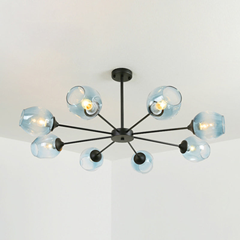 Modernist 3/6/8 Lights Hanging Chandelier Black/Chrome Sputnik Suspension Pendant with Blue/Amber Glass Shade Clearhalo 'Ceiling Lights' 'Chandeliers' 'Close To Ceiling Lights' 'Glass shade' 'Glass' 'Modern Chandeliers' 'Modern' Lighting' 238927