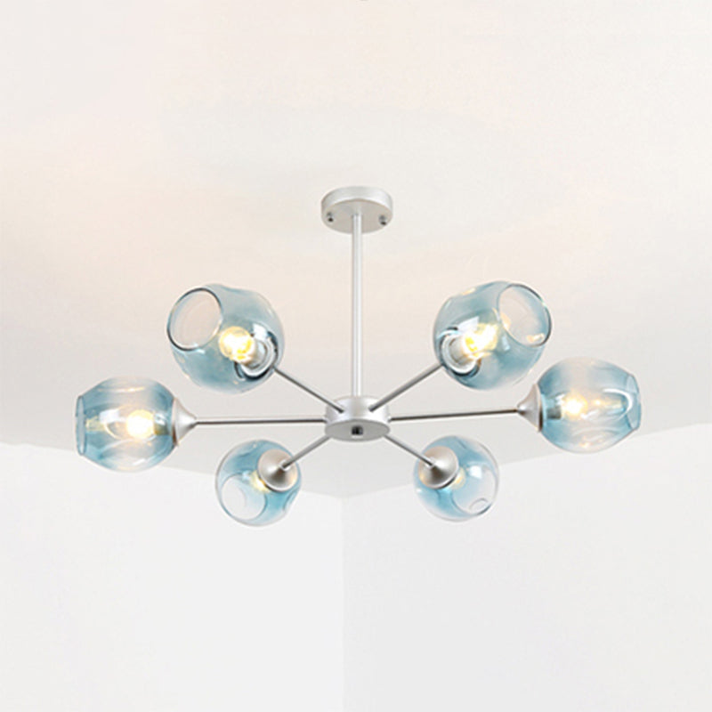 Modernist 3/6/8 Lights Hanging Chandelier Black/Chrome Sputnik Suspension Pendant with Blue/Amber Glass Shade 6 Blue Clearhalo 'Ceiling Lights' 'Chandeliers' 'Close To Ceiling Lights' 'Glass shade' 'Glass' 'Modern Chandeliers' 'Modern' Lighting' 238929