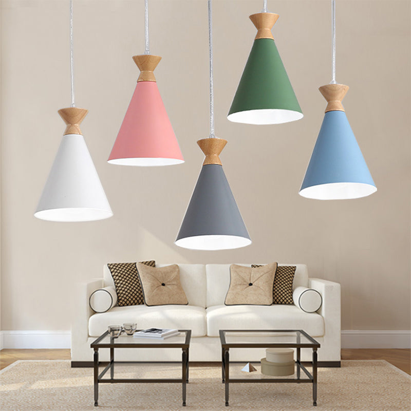 Conical Living Room Drop Pendant Metal 1 Bulb Macaron Style Hanging Ceiling Light Clearhalo 'Ceiling Lights' 'Pendant Lights' 'Pendants' Lighting' 2389344