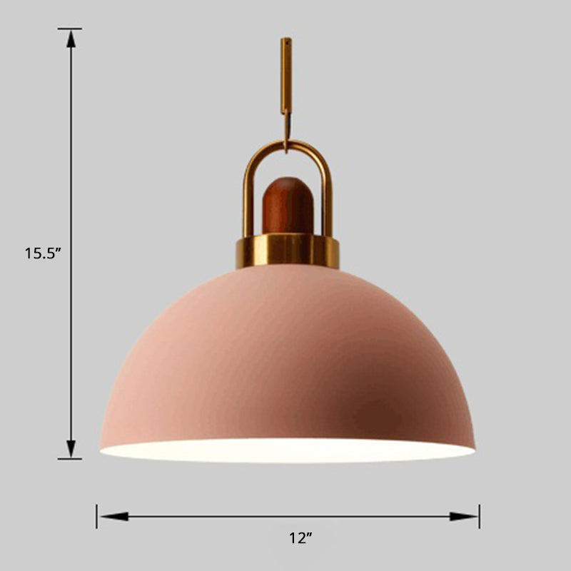 Bowl Shaped Hanging Lamp Nordic Metal 1-Light Restaurant Ceiling Pendant with Arc Handle Pink Clearhalo 'Ceiling Lights' 'Pendant Lights' 'Pendants' Lighting' 2389360