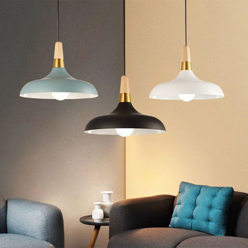 Nordic Pot-Lid Suspension Lighting Metallic Single Dining Room Drop Pendant with Wood Top Clearhalo 'Ceiling Lights' 'Pendant Lights' 'Pendants' Lighting' 2389364