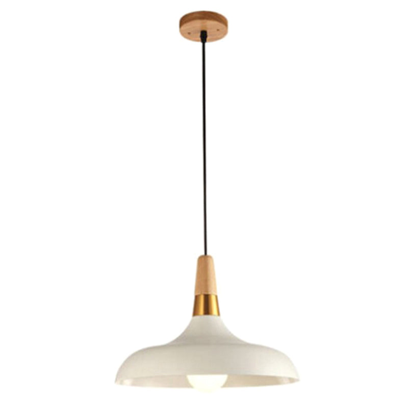 Nordic Pot-Lid Suspension Lighting Metallic Single Dining Room Drop Pendant with Wood Top White Clearhalo 'Ceiling Lights' 'Pendant Lights' 'Pendants' Lighting' 2389365