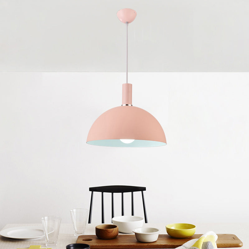 Aluminum Hemisphere Hanging Light Nordic 1 Head Pink and White Inner Pendulum Light for Bedroom Pink Clearhalo 'Ceiling Lights' 'Pendant Lights' 'Pendants' Lighting' 2389366