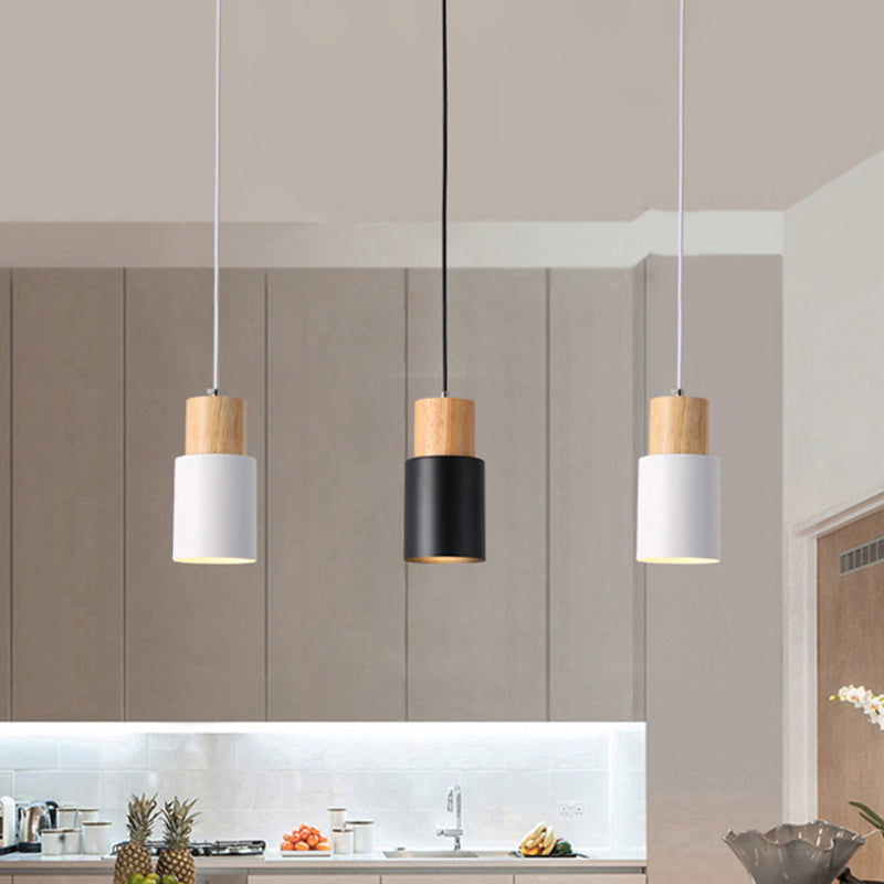 Tubular Bedside Pendant Spotlight Metal 1-Light Minimalist Hanging Lamp with Wooden Top Clearhalo 'Ceiling Lights' 'Pendant Lights' 'Pendants' Lighting' 2389376