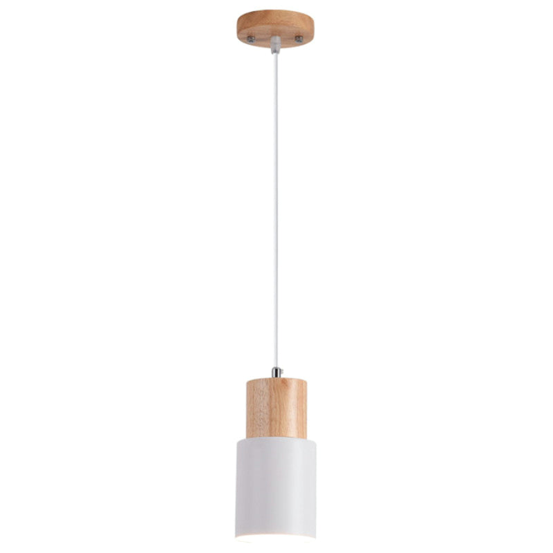 Tubular Bedside Pendant Spotlight Metal 1-Light Minimalist Hanging Lamp with Wooden Top Clearhalo 'Ceiling Lights' 'Pendant Lights' 'Pendants' Lighting' 2389380