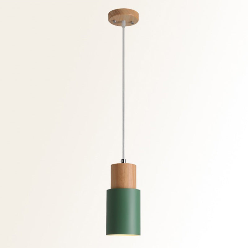 Tubular Bedside Pendant Spotlight Metal 1-Light Minimalist Hanging Lamp with Wooden Top Green Clearhalo 'Ceiling Lights' 'Pendant Lights' 'Pendants' Lighting' 2389381