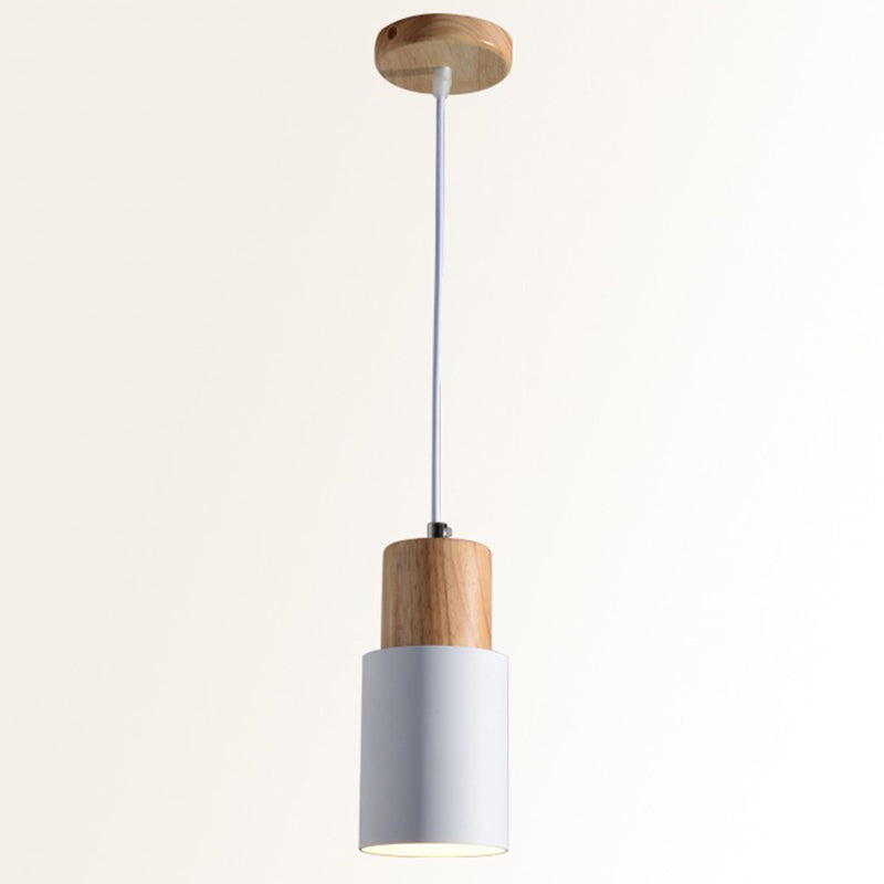 Tubular Bedside Pendant Spotlight Metal 1-Light Minimalist Hanging Lamp with Wooden Top White Clearhalo 'Ceiling Lights' 'Pendant Lights' 'Pendants' Lighting' 2389382