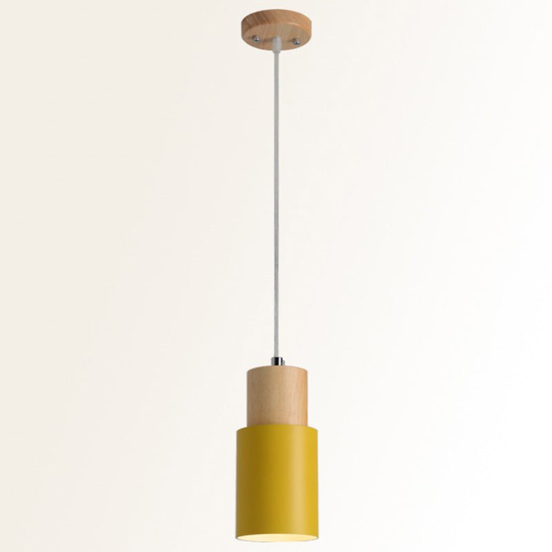 Tubular Bedside Pendant Spotlight Metal 1-Light Minimalist Hanging Lamp with Wooden Top Yellow Clearhalo 'Ceiling Lights' 'Pendant Lights' 'Pendants' Lighting' 2389383