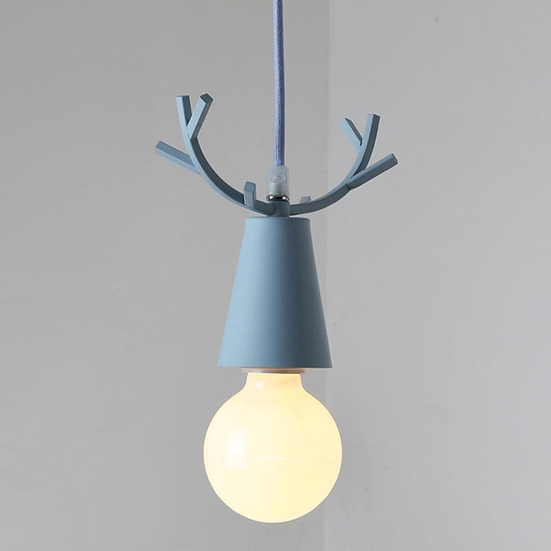 Antler Metal Pendant Lighting Nordic 1 Bulb Ceiling Hang Lamp with Open Bulb Design Blue Clearhalo 'Ceiling Lights' 'Pendant Lights' 'Pendants' Lighting' 2389393