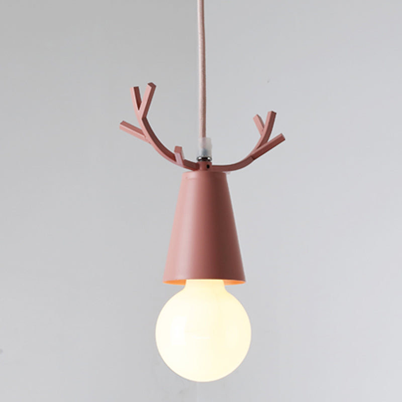 Antler Metal Pendant Lighting Nordic 1 Bulb Ceiling Hang Lamp with Open Bulb Design Pink Clearhalo 'Ceiling Lights' 'Pendant Lights' 'Pendants' Lighting' 2389396