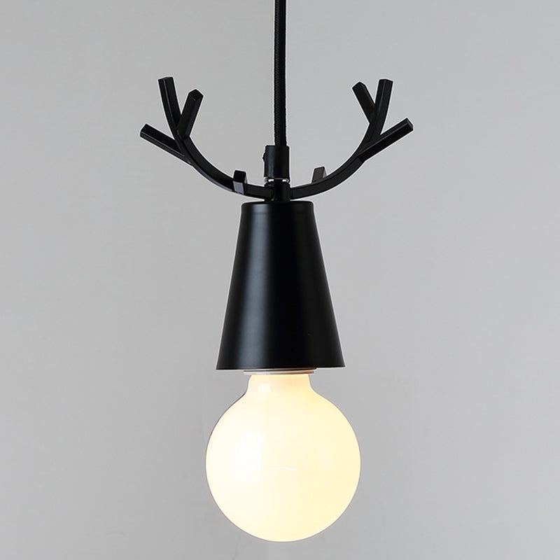 Antler Metal Pendant Lighting Nordic 1 Bulb Ceiling Hang Lamp with Open Bulb Design Black Clearhalo 'Ceiling Lights' 'Pendant Lights' 'Pendants' Lighting' 2389398