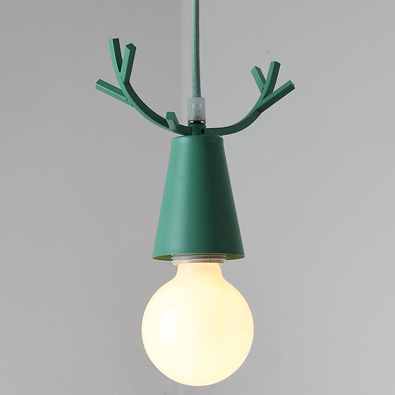 Antler Metal Pendant Lighting Nordic 1 Bulb Ceiling Hang Lamp with Open Bulb Design Green Clearhalo 'Ceiling Lights' 'Pendant Lights' 'Pendants' Lighting' 2389402