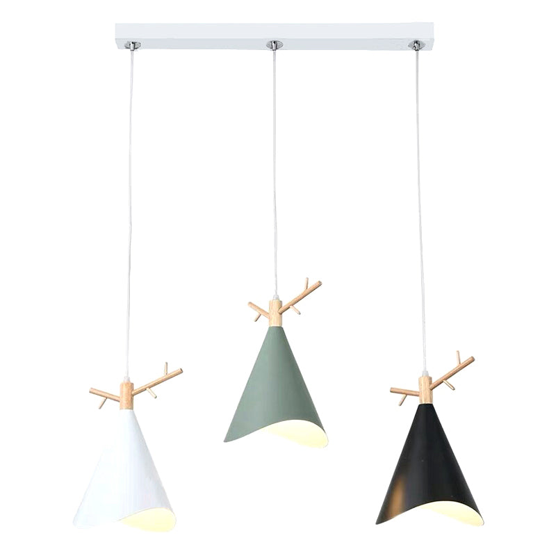 Conical Multi Ceiling Light Nordic Metal 3 Bulbs White-Wood Drop Pendant with Wavy Edge and Antler Deco Clearhalo 'Ceiling Lights' 'Pendant Lights' 'Pendants' Lighting' 2389407