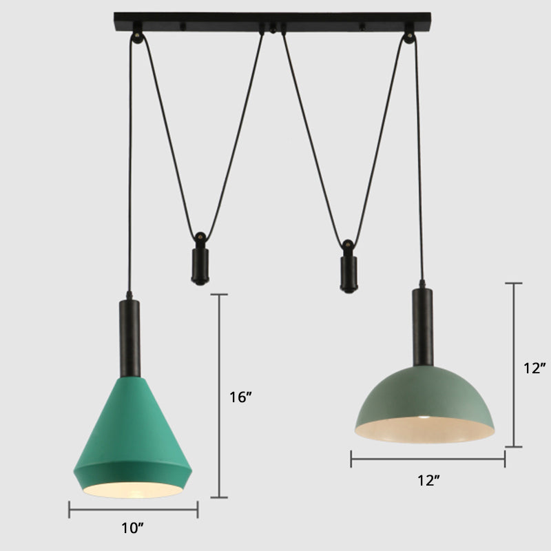 Geometric Shade Cluster Pendant Nordic Aluminum 2 Lights Restaurant Hanging Lamp with Pulley Green Clearhalo 'Ceiling Lights' 'Pendant Lights' 'Pendants' Lighting' 2389411