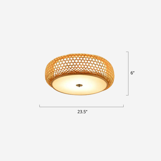 Round Bamboo Flush Mount Lamp Asian 1 Bulb Beige Ceiling Light Fixture for Bedroom Beige 23.5" Clearhalo 'Ceiling Lights' 'Close To Ceiling Lights' 'Close to ceiling' 'Flush mount' Lighting' 2389447