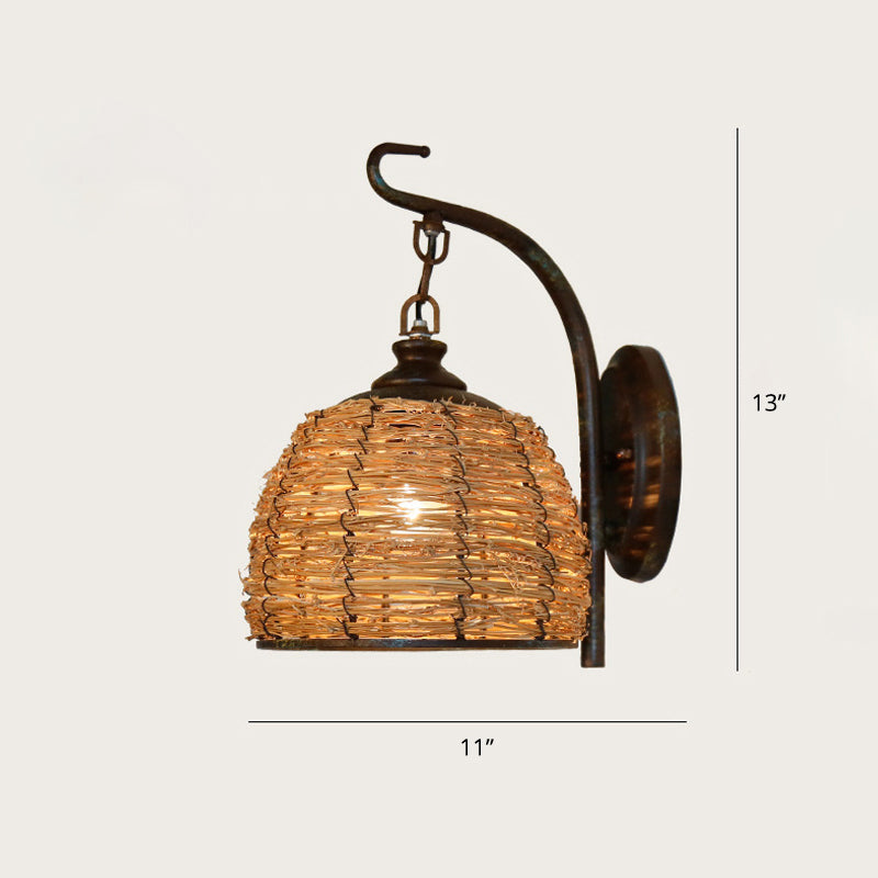 Single Restaurant Wall Light Chinese Style Wall Hanging Lamp with Woven Bamboo Shade Brown Clearhalo 'Wall Lamps & Sconces' 'Wall Lights' Lighting' 2389454