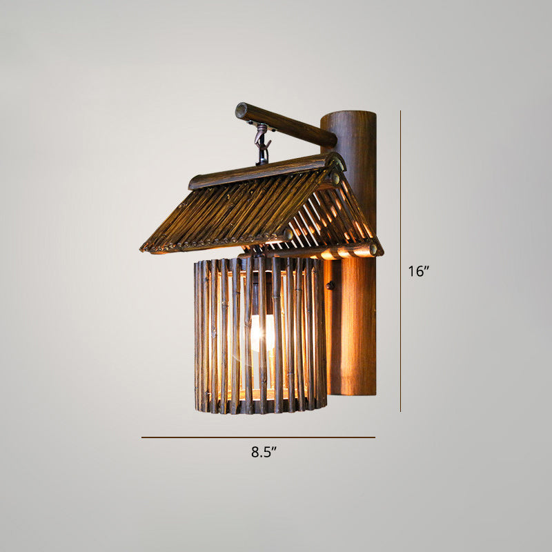 Single Restaurant Wall Light Chinese Style Wall Hanging Lamp with Woven Bamboo Shade Dark Brown Clearhalo 'Wall Lamps & Sconces' 'Wall Lights' Lighting' 2389455