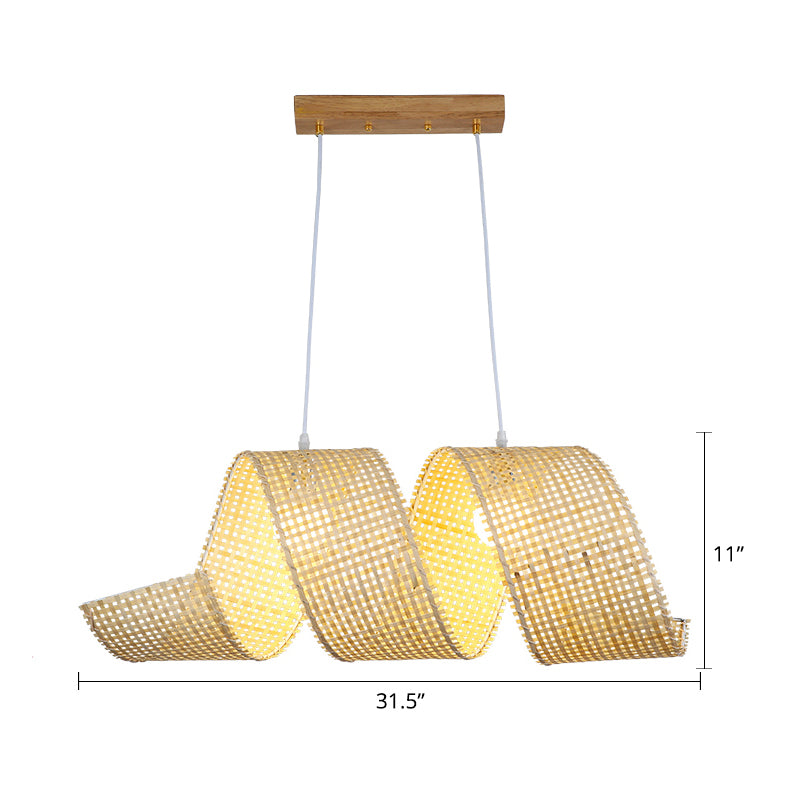 Beige Curl Hanging Light Minimalist 2-Light Bamboo Pendant Light Fixture for Tea Room Clearhalo 'Ceiling Lights' 'Pendant Lights' 'Pendants' Lighting' 2389462