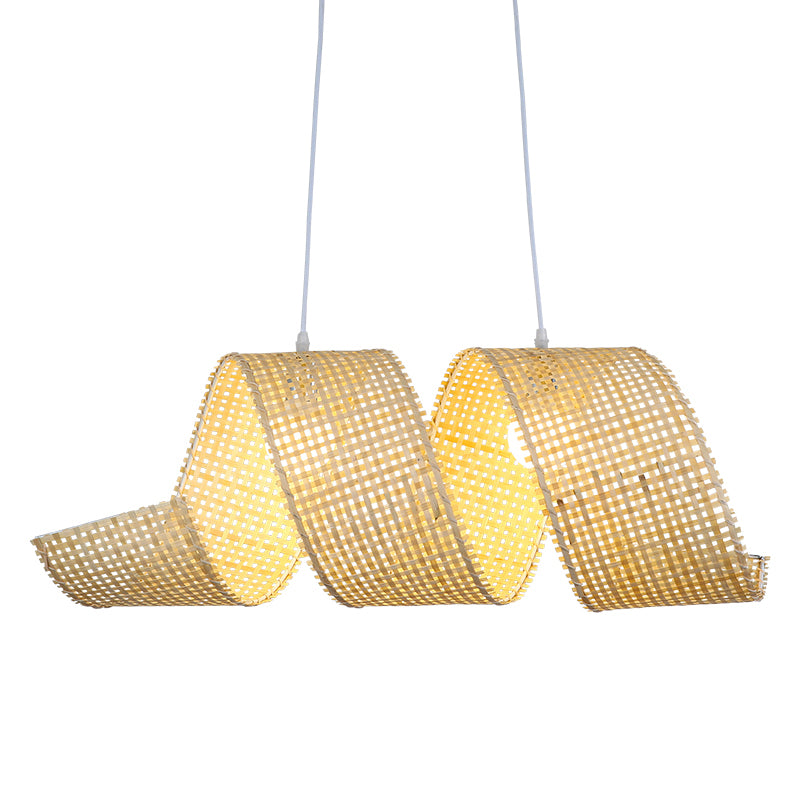 Beige Curl Hanging Light Minimalist 2-Light Bamboo Pendant Light Fixture for Tea Room Clearhalo 'Ceiling Lights' 'Pendant Lights' 'Pendants' Lighting' 2389466