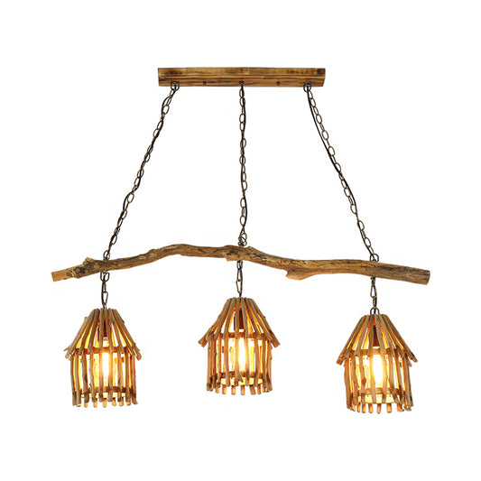 Wooden House Shaped Hanging Lamp Nordic 3 Heads Island Pendant Light for Dining Room Clearhalo 'Ceiling Lights' 'Island Lights' Lighting' 2389472