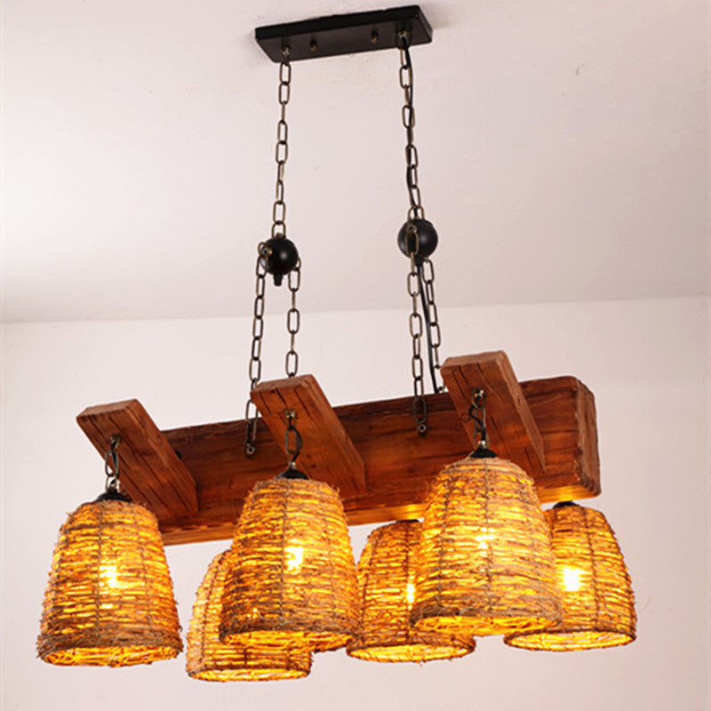 Brown Tapered Suspension Light Fixture Asia Rattan Island Lighting for Dining Room Clearhalo 'Ceiling Lights' 'Island Lights' Lighting' 2389476