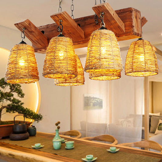 Brown Tapered Suspension Light Fixture Asia Rattan Island Lighting for Dining Room Clearhalo 'Ceiling Lights' 'Island Lights' Lighting' 2389477