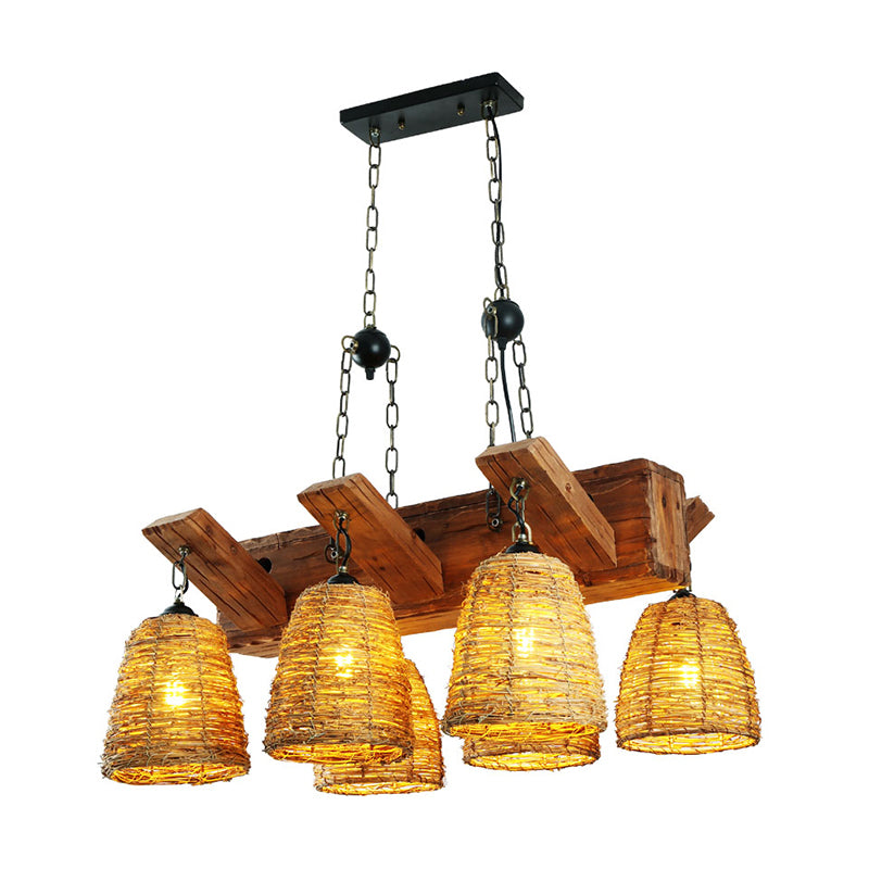 Brown Tapered Suspension Light Fixture Asia Rattan Island Lighting for Dining Room Clearhalo 'Ceiling Lights' 'Island Lights' Lighting' 2389478