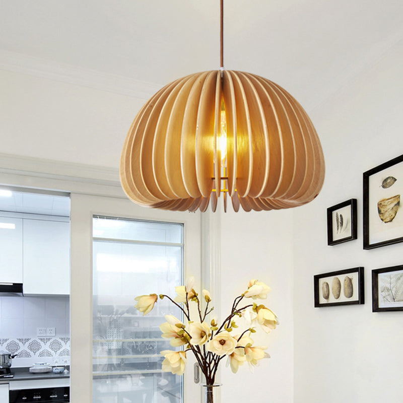 Asian Hemispherical Hanging Lamp Wooden Slat 1 Bulb Restaurant Ceiling Light in Beige Clearhalo 'Ceiling Lights' 'Pendant Lights' 'Pendants' Lighting' 2389480