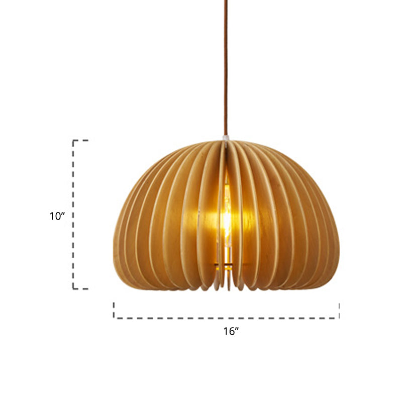 Asian Hemispherical Hanging Lamp Wooden Slat 1 Bulb Restaurant Ceiling Light in Beige Wood 16" Clearhalo 'Ceiling Lights' 'Pendant Lights' 'Pendants' Lighting' 2389481_4d4b5c0e-1757-4072-975f-92f3c8cd1a24