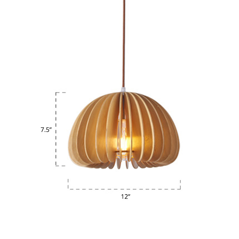 Asian Hemispherical Hanging Lamp Wooden Slat 1 Bulb Restaurant Ceiling Light in Beige Wood 12" Clearhalo 'Ceiling Lights' 'Pendant Lights' 'Pendants' Lighting' 2389482_bfd5506c-a300-43c9-a0b2-39ac1f4a964d