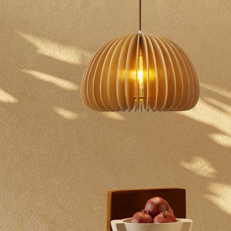 Asian Hemispherical Hanging Lamp Wooden Slat 1 Bulb Restaurant Ceiling Light in Beige Clearhalo 'Ceiling Lights' 'Pendant Lights' 'Pendants' Lighting' 2389483