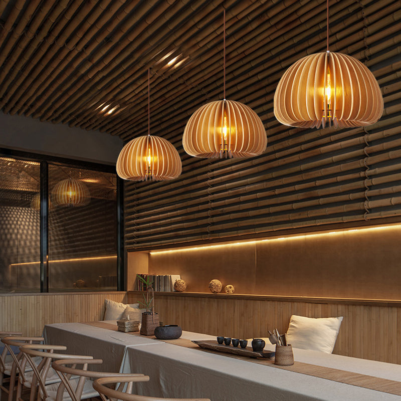 Asian Hemispherical Hanging Lamp Wooden Slat 1 Bulb Restaurant Ceiling Light in Beige Clearhalo 'Ceiling Lights' 'Pendant Lights' 'Pendants' Lighting' 2389484