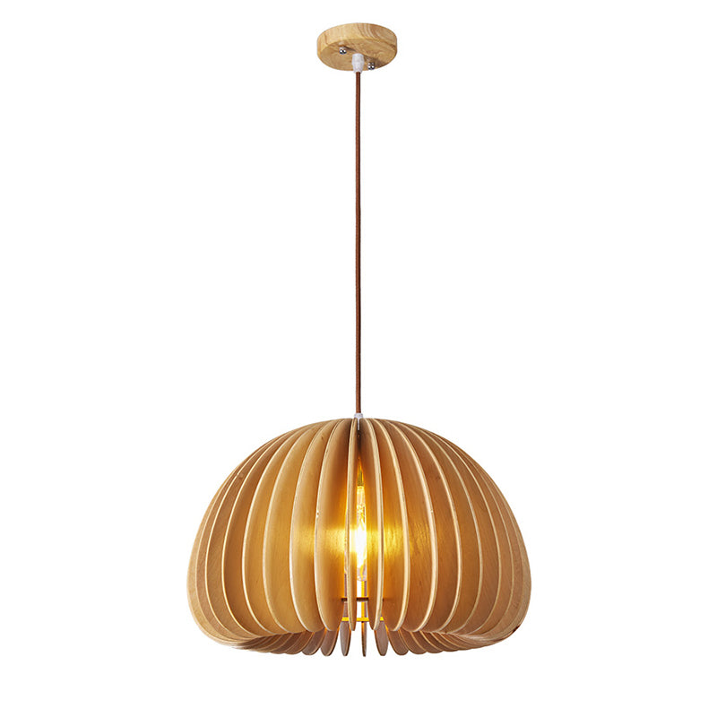 Asian Hemispherical Hanging Lamp Wooden Slat 1 Bulb Restaurant Ceiling Light in Beige Clearhalo 'Ceiling Lights' 'Pendant Lights' 'Pendants' Lighting' 2389485