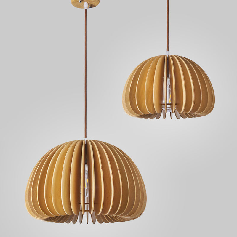 Asian Hemispherical Hanging Lamp Wooden Slat 1 Bulb Restaurant Ceiling Light in Beige Clearhalo 'Ceiling Lights' 'Pendant Lights' 'Pendants' Lighting' 2389486