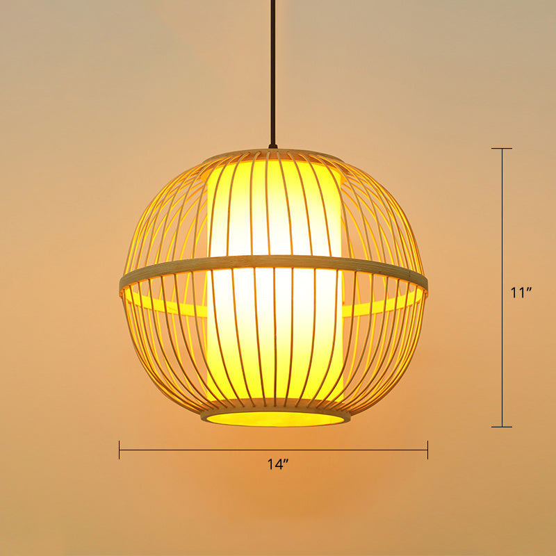 Sphere Tea Room Ceiling Pendant Wooden Single-Bulb Chinese Suspension Light in Beige Clearhalo 'Ceiling Lights' 'Pendant Lights' 'Pendants' Lighting' 2389491