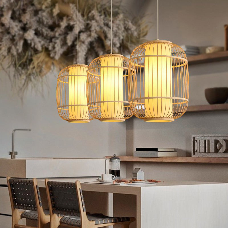 Chinese 1 Head Pendulum Light Beige Elliptical Lantern Pendant with Bamboo Shade Clearhalo 'Ceiling Lights' 'Pendant Lights' 'Pendants' Lighting' 2389492