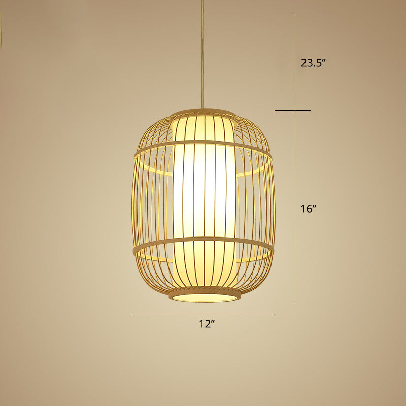 Chinese 1 Head Pendulum Light Beige Elliptical Lantern Pendant with Bamboo Shade Clearhalo 'Ceiling Lights' 'Pendant Lights' 'Pendants' Lighting' 2389493