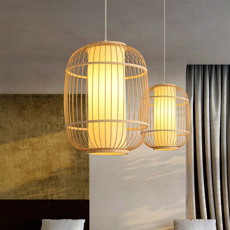 Chinese 1 Head Pendulum Light Beige Elliptical Lantern Pendant with Bamboo Shade Clearhalo 'Ceiling Lights' 'Pendant Lights' 'Pendants' Lighting' 2389495