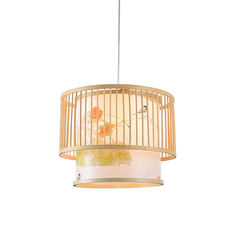 Drum Bamboo Pendant Lamp Asian 1-Light Beige Ceiling Light with Cylindrical Printed Shade Clearhalo 'Ceiling Lights' 'Pendant Lights' 'Pendants' Lighting' 2389502