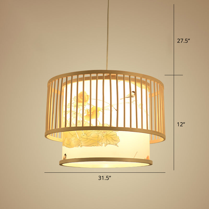 Drum Bamboo Pendant Lamp Asian 1-Light Beige Ceiling Light with Cylindrical Printed Shade Beige 31.5" Clearhalo 'Ceiling Lights' 'Pendant Lights' 'Pendants' Lighting' 2389505_23bc0fd6-a7ef-40a4-8606-397617c1983c