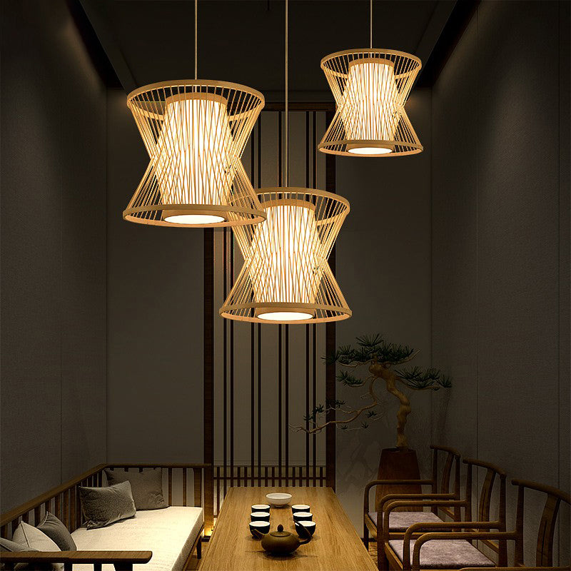 Symmetric Cage Pendant Lighting Nordic Bamboo 1 Bulb Beige Pendulum Light for Restaurant Clearhalo 'Ceiling Lights' 'Pendant Lights' 'Pendants' Lighting' 2389506