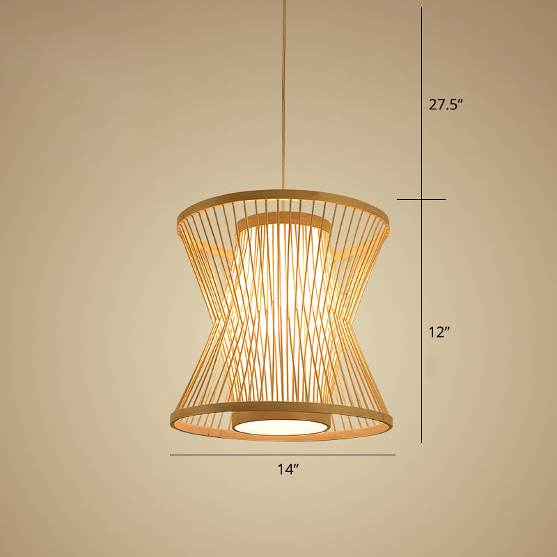 Symmetric Cage Pendant Lighting Nordic Bamboo 1 Bulb Beige Pendulum Light for Restaurant Clearhalo 'Ceiling Lights' 'Pendant Lights' 'Pendants' Lighting' 2389507