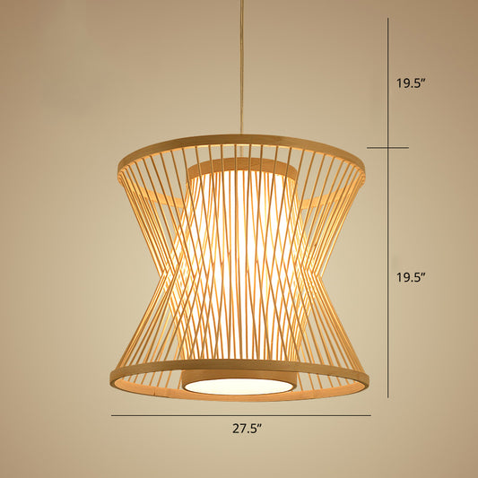 Symmetric Cage Pendant Lighting Nordic Bamboo 1 Bulb Beige Pendulum Light for Restaurant Clearhalo 'Ceiling Lights' 'Pendant Lights' 'Pendants' Lighting' 2389508