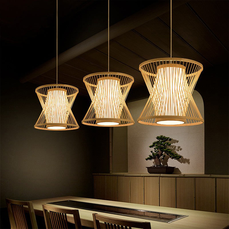 Symmetric Cage Pendant Lighting Nordic Bamboo 1 Bulb Beige Pendulum Light for Restaurant Clearhalo 'Ceiling Lights' 'Pendant Lights' 'Pendants' Lighting' 2389509