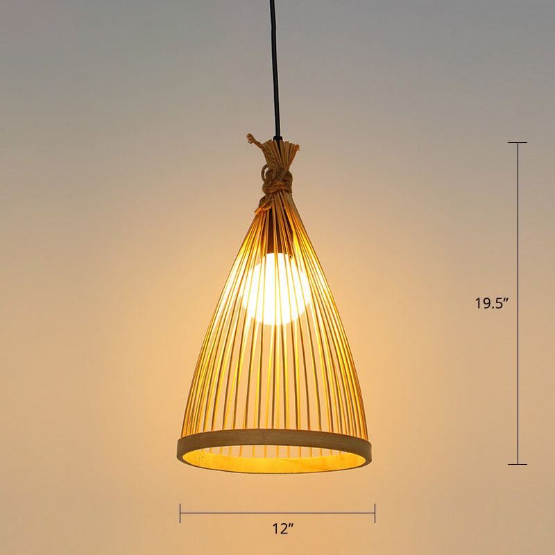 Conical Restaurant Drop Pendant Bamboo 1 Head Minimalist Hanging Ceiling Light with Cage Design Wood 12" Clearhalo 'Ceiling Lights' 'Pendant Lights' 'Pendants' Lighting' 2389523_01e9fbd9-c60f-4e51-93f2-b7715e8c0158