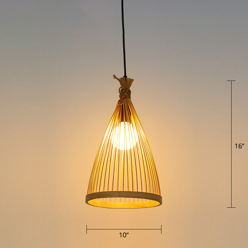 Conical Restaurant Drop Pendant Bamboo 1 Head Minimalist Hanging Ceiling Light with Cage Design Wood 10" Clearhalo 'Ceiling Lights' 'Pendant Lights' 'Pendants' Lighting' 2389524_ad56f905-3ddd-44a4-b85f-774fb0f30d96