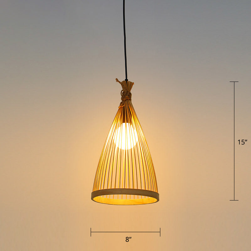 Conical Restaurant Drop Pendant Bamboo 1 Head Minimalist Hanging Ceiling Light with Cage Design Wood 8.5" Clearhalo 'Ceiling Lights' 'Pendant Lights' 'Pendants' Lighting' 2389525_ff0eb338-28fa-4f22-aded-90894e79e6cf