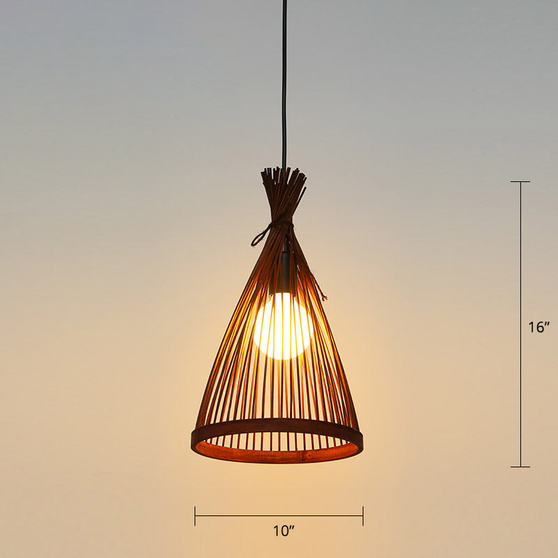 Conical Restaurant Drop Pendant Bamboo 1 Head Minimalist Hanging Ceiling Light with Cage Design Clearhalo 'Ceiling Lights' 'Pendant Lights' 'Pendants' Lighting' 2389527