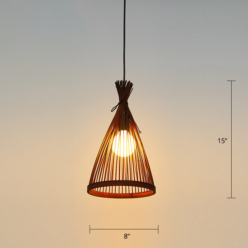 Conical Restaurant Drop Pendant Bamboo 1 Head Minimalist Hanging Ceiling Light with Cage Design Coffee 8.5" Clearhalo 'Ceiling Lights' 'Pendant Lights' 'Pendants' Lighting' 2389528_4a8cd91b-7ef8-4e07-9c4f-62fbd30cc9b2